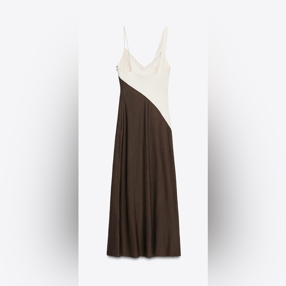 Zara Two-Tone Asymmetrical Slip Dress in Cream and Brown - Picture 10 of 11